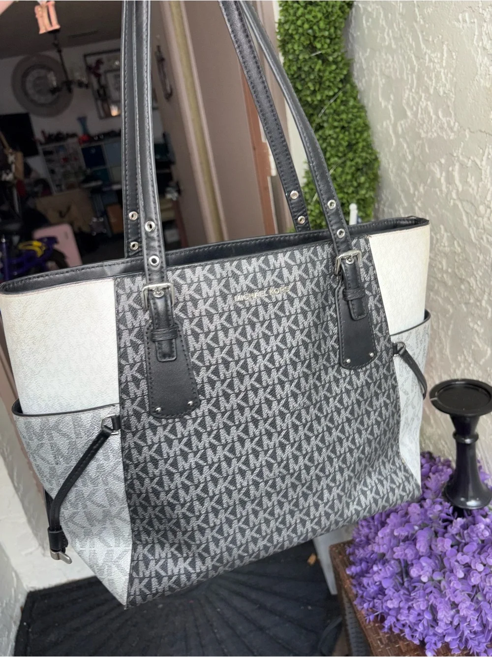 Michael Kors Black and metallic silver MK Logo Tote with matching wallet set